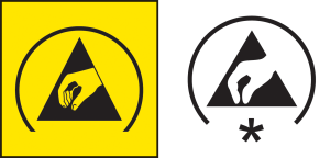 Figure 2: The ESD protective symbol from ANSI S8.1 (at left) and the IEC packaging version of the symbol from IEC 60417 (at right). The ‘*’ in the IEC symbol is for the letter code to be added.