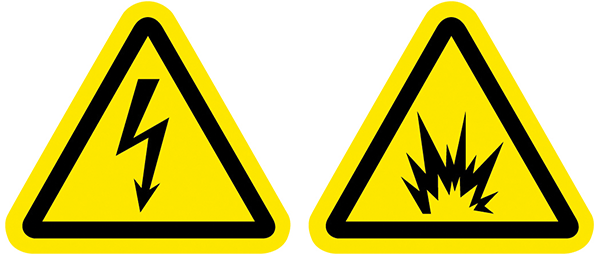 Figure 1: Past symbols used to warn of arc flash. At left, an ISO 7010 symbol meaning “To warn of electricity” and at right, another symbol to warn of explosion/pressure hazards.
