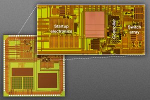 The MIT researchers' prototype for a chip measuring 3 millimeters by 3 millimeters. The magnified detail shows the chip's main control circuitry, including the startup electronics; the controller that determines whether to charge the battery, power a device, or both; and the array of switches that control current flow to an external inductor coil. This active area measures just 2.2 millimeters by 1.1 millimeters.