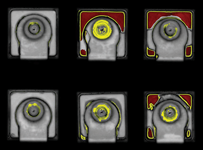 Acoustic scan of failed component packages,  delaminated areas shown in yellow/red