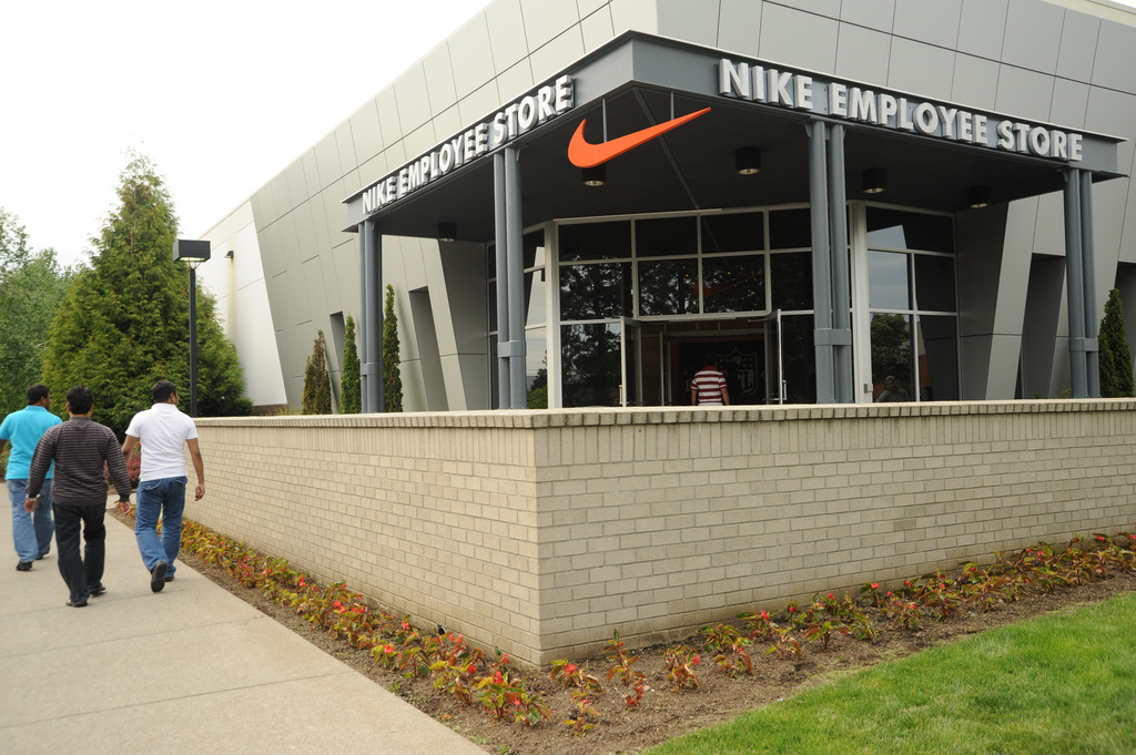 Entrance of the Nike Employee Store, red swoosh, Beaverton, Oregon, USA